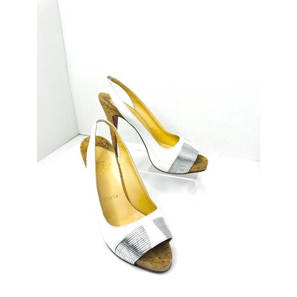 Christian Louboutin Nappa Cork Moyen Slingback Peep Toe Pumps White Silver EU 38 - Picture 9 of 9